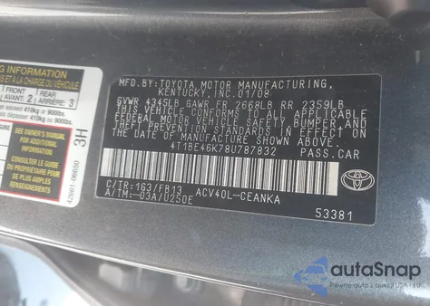 2008 Toyota Camry Le z USA, uszkodzony, nr VIN 4T1BE46K78U787832